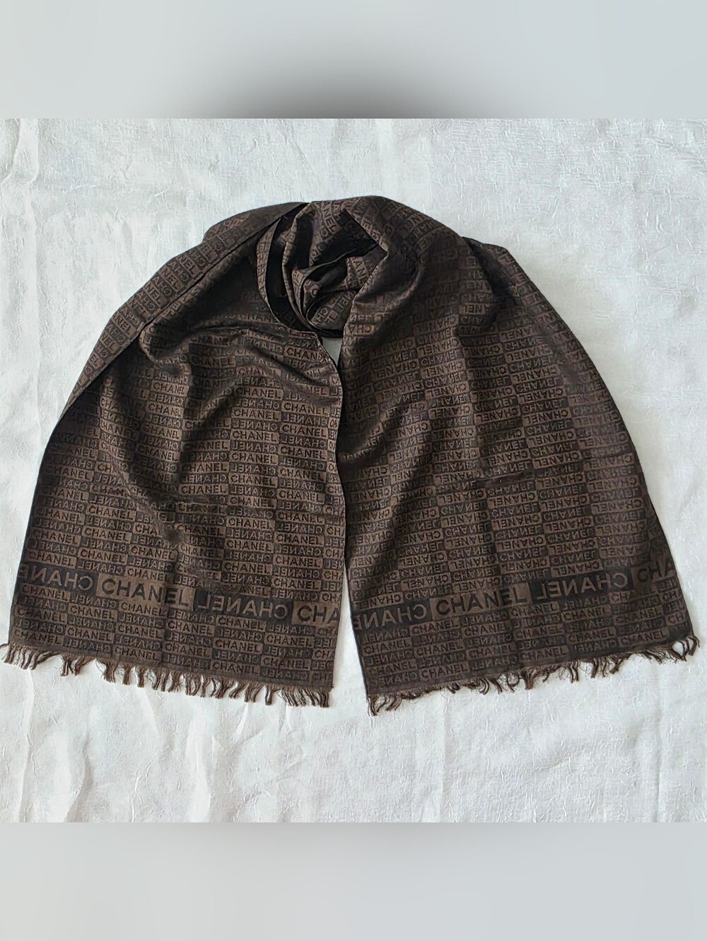 Auth CHANEL Jacquard Wool/Silk Shawl Scarf